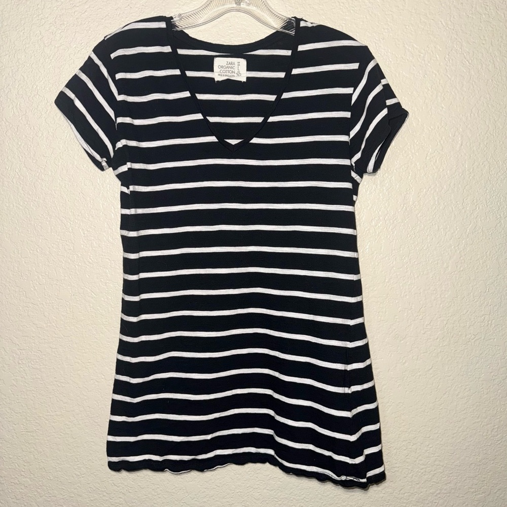 Zara Organic Cotton Striped Tee Women’s L Black White Coastal Minimalist